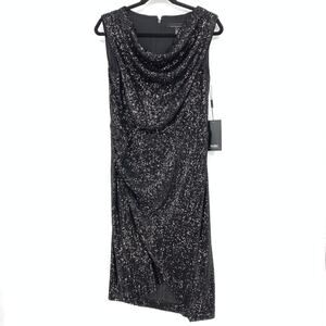 White House Black Market Sleeveless Sequin Draped Sheath Dress Size 8 Black NEW